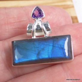 Labradorite bleue AAA & améthyste – pendentif rectangulaire argent 925
