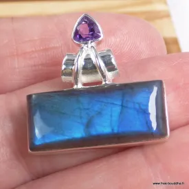 Pendentif Labradorite bleue rectangulaire améthyste facettée - Pendentifs pierres naturelles