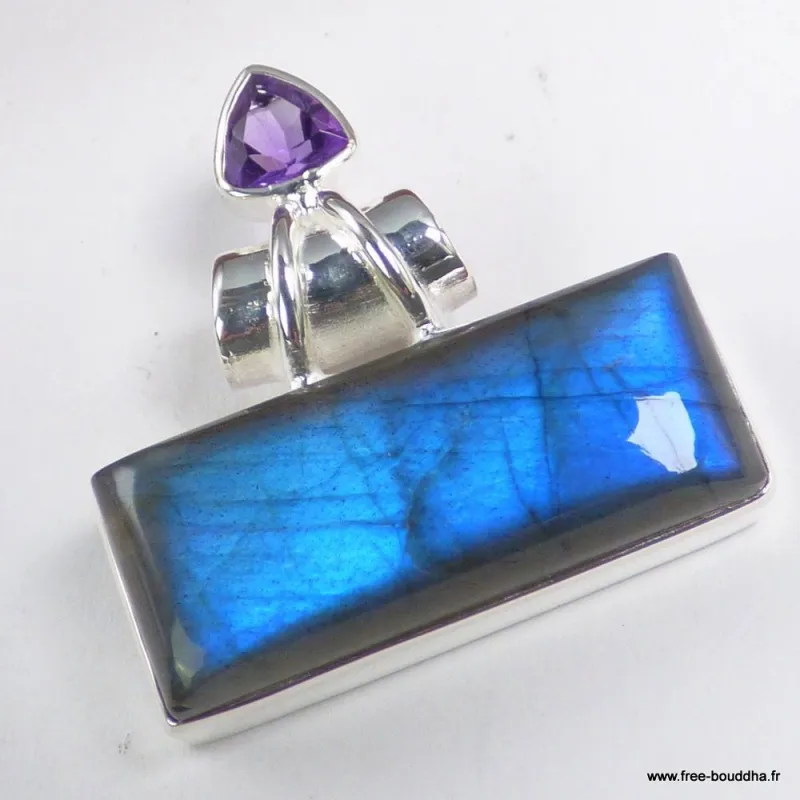 Pendentif Labradorite bleue rectangulaire améthyste facettée - Pendentifs pierres naturelles
