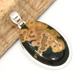 Gros Pendentif Jaspe Océan naturel ovale argent 925 - Pendentifs pierres naturelles