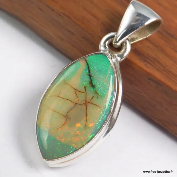 Pendentif marquise Opale Sterling verte argent 925 - Pendentifs pierres naturelles