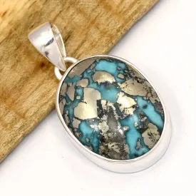 Pendentif ovale Turquoise avec Pyrite - Bijoux en Turquoise Iranienne (Nishapur)
