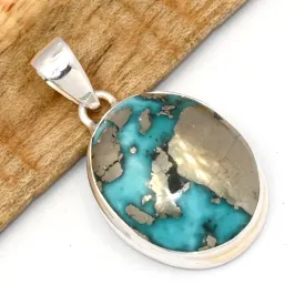 Pendentif Authentique Turquoise avec Pyrite d'Orient - Bijoux en Turquoise Iranienne (Nishapur)