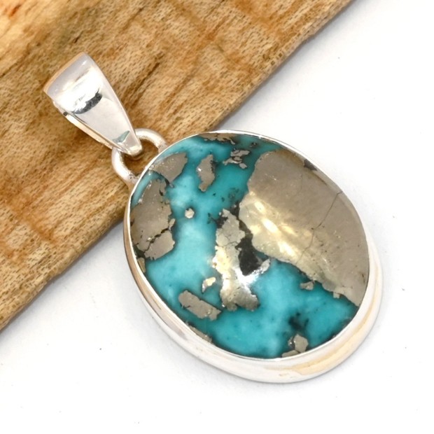 Pendentif Authentique Turquoise avec Pyrite d'Orient - Bijoux en Turquoise Iranienne (Nishapur)