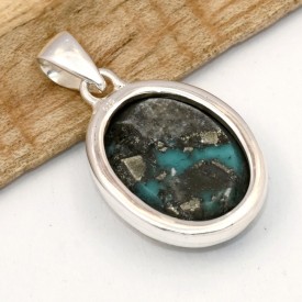 Pendentif Authentique Turquoise avec Pyrite d'Orient - Bijoux en Turquoise Iranienne (Nishapur)