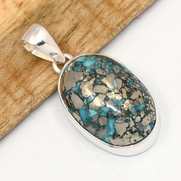 Pendentif ovale Authentique Turquoise d'Orient - Bijoux en Turquoise Iranienne (Nishapur)
