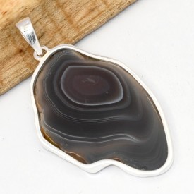 Pendentif Agate Botswana gris taupe tranche 6,4 cm argent 925