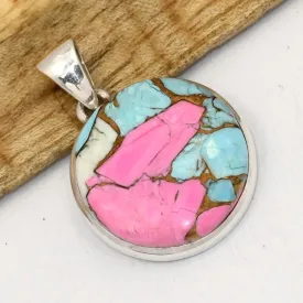 Pendentif rond Turquoise du Nevada pink dahlia - Bijoux en Turquoise