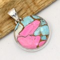 Pendentif rond Turquoise Nevada Pink Dahlia argent 925 poinçonné
