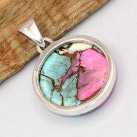 Pendentif rond Turquoise Nevada Pink Dahlia argent 925 poinçonné