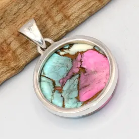 Pendentif rond Turquoise du Nevada pink dahlia - Bijoux en Turquoise
