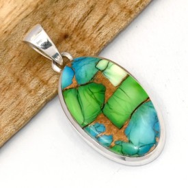 Pendentif ovale Turquoise Peacock composite argent 925