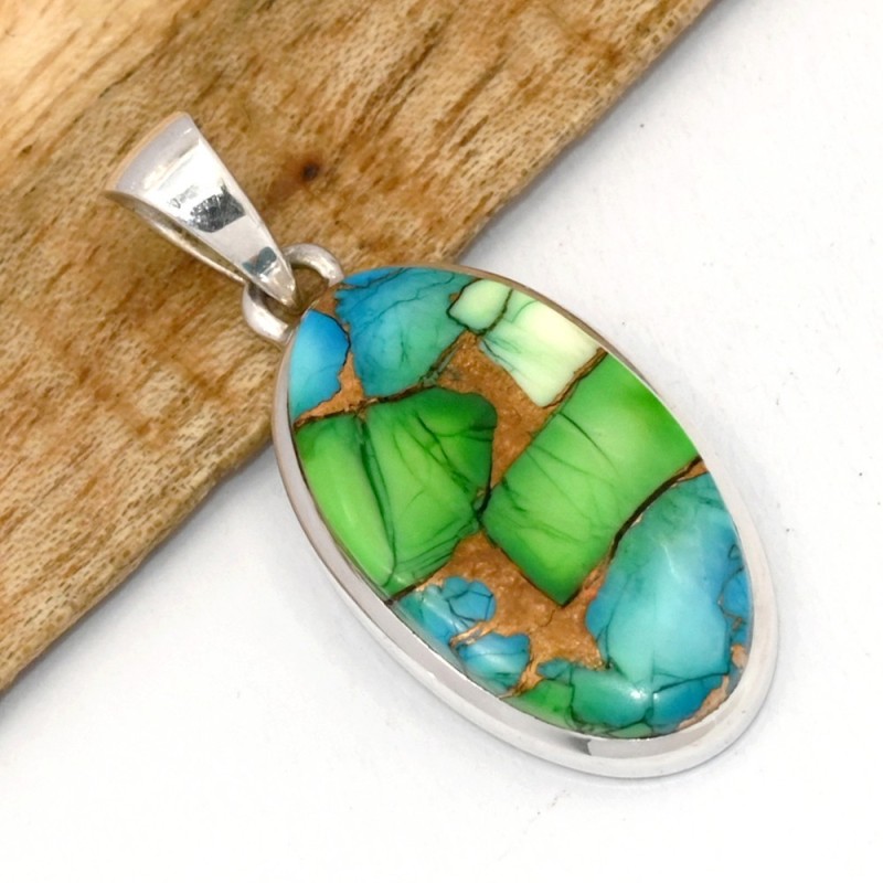 Pendentif ovale Turquoise Peacock composite argent 925