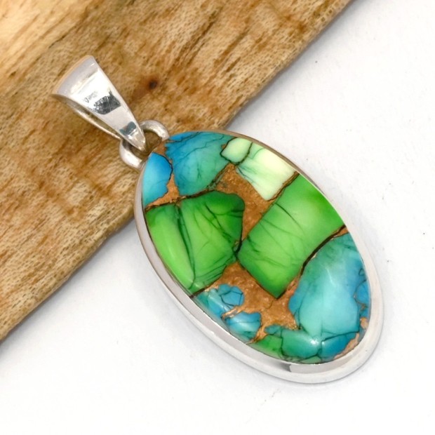 Pendentif ovale Turquoise Peacock composite argent 925