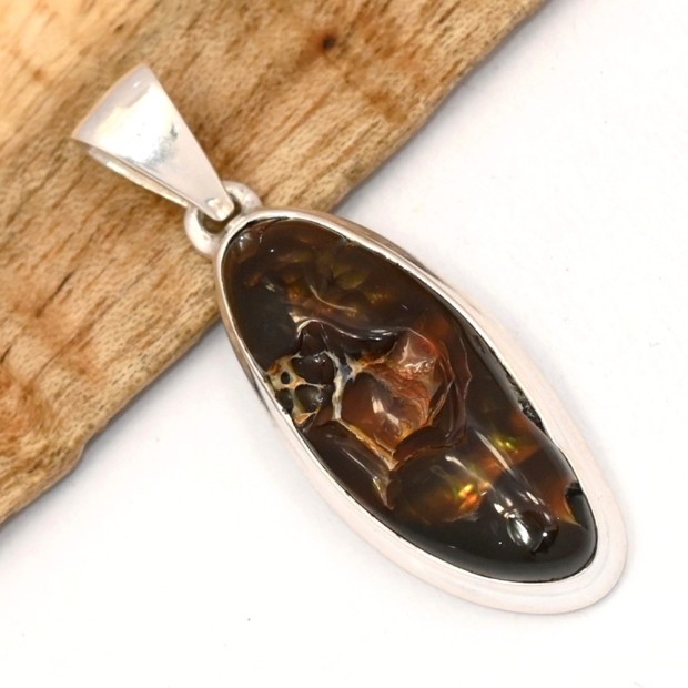 Pendentif Agate de Feu ovale allongé argent 925 serti clos