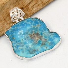 Gros Pendentif Turquoise Kingman – Bélière Ajourée, Argent 925