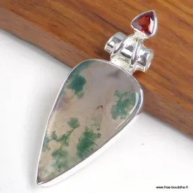 Pendentif Agate mousse et Grenat facetté - Bijoux en Agate Mousse