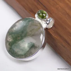 Pendentif rond en Agate mousse et Péridot cabochon - Bijoux en Agate Mousse