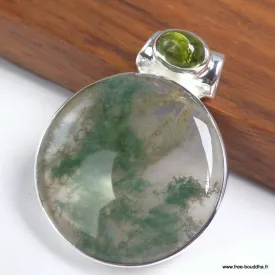 Pendentif rond en Agate mousse et Péridot cabochon - Bijoux en Agate Mousse