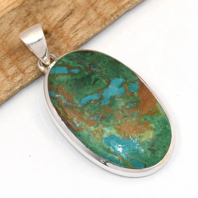 copie de Pendentif Malachite Chrysocolle forme ovale en argent - Pendentifs pierres naturelles