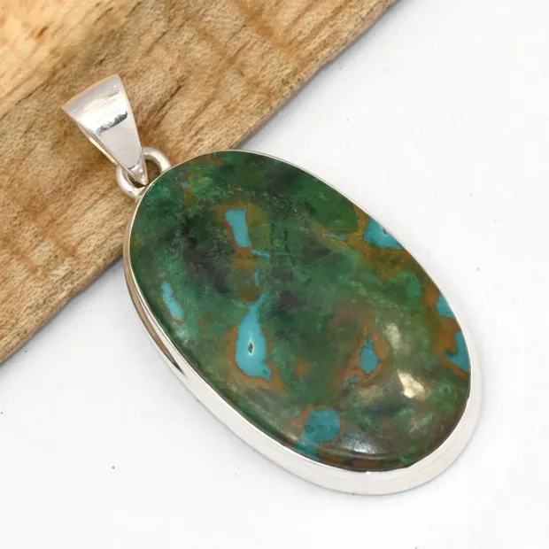 Pendentif Ovale Malachite Chrysocolle 4,9 cm - Argent 925 Naturel