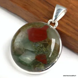Pendentif rond Jaspe Héliotrope naturel - Argent 925 - Bijoux en Jaspe Sanguin Héliotrope