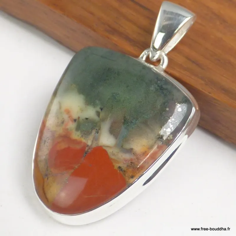 Pendentif Jaspe Héliotrope - Sang du dragon semi-ovale - Bijoux en Jaspe Sanguin Héliotrope