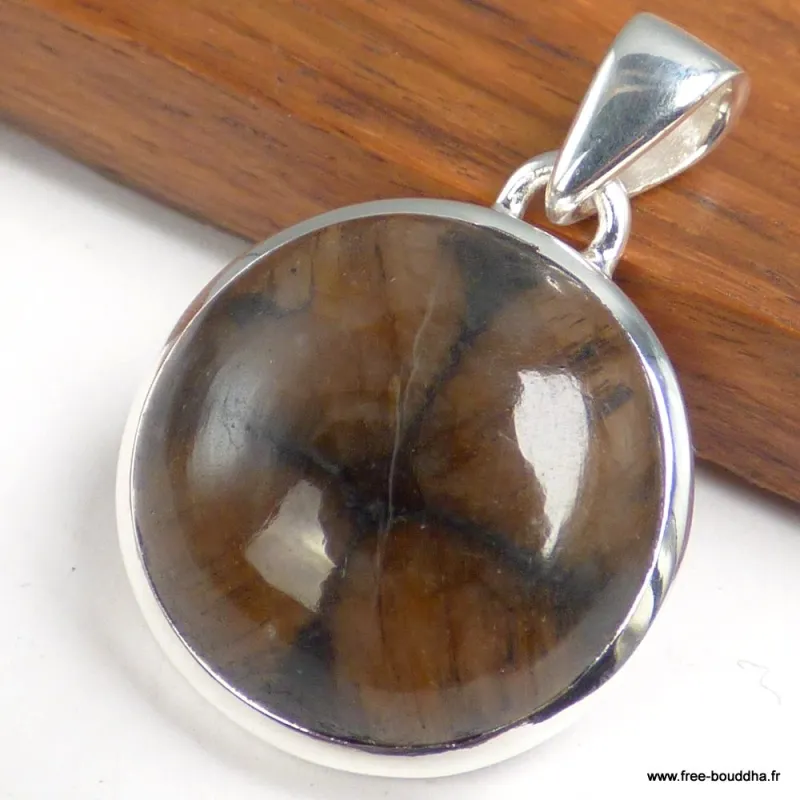 Pendentif rond en Chiastolite Andalousite - argent 925 - Bijoux en Chiastolite