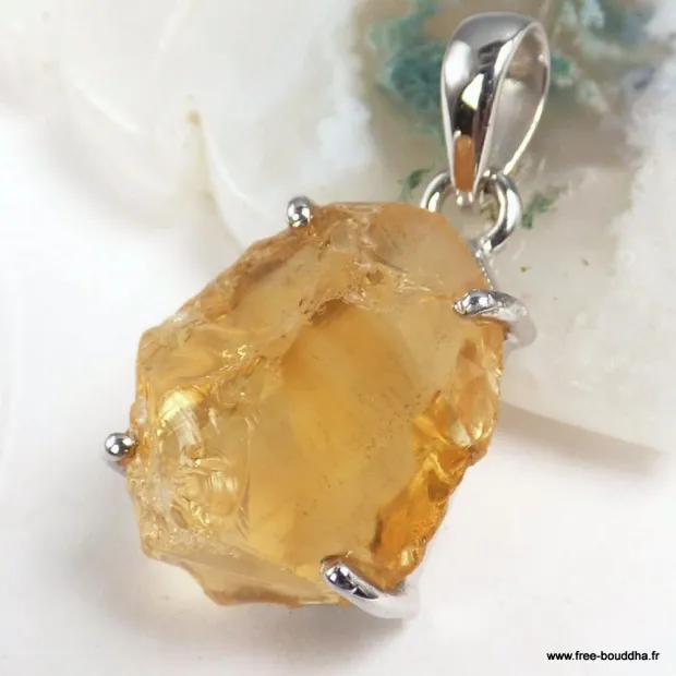 Pendentif Citrine brute forme libre serti griffes argent 925 - Bijoux en Citrine