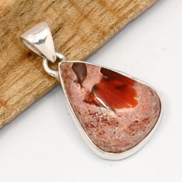 Pendentif goutte Opale de feu Mexicaine rouge orange - Bijoux en Opale de Feu