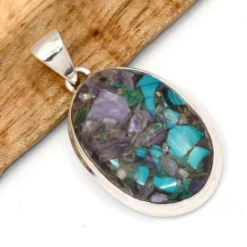 Pendentif ovale Charoite sur Chrysocolle argent 925 - Bijoux en Charoite sur Chrysocolle