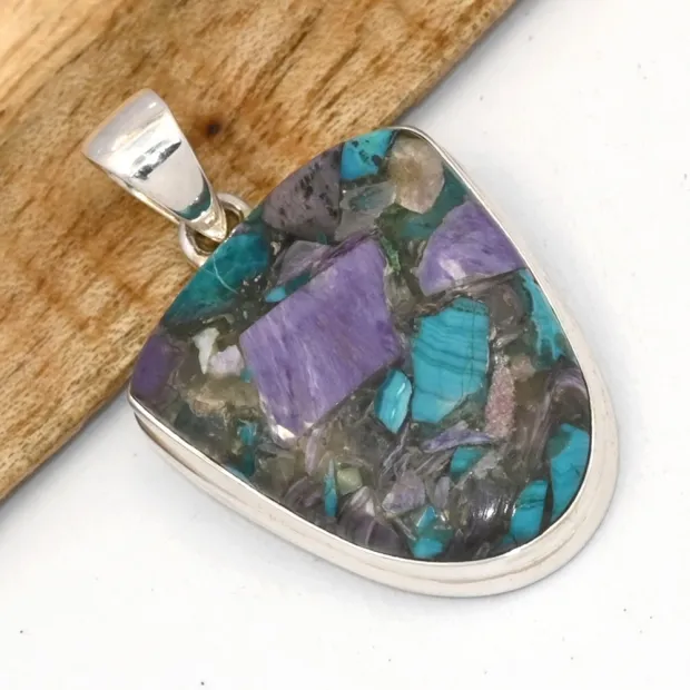 Pendentif Charoite sur Chrysocolle semi-ovale argent 925 - Bijoux en Charoite sur Chrysocolle