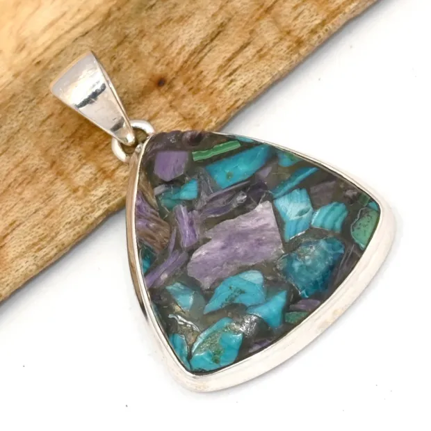 Pendentif Charoite sur Chrysocolle triangulaire argent 925 - Bijoux en Charoite sur Chrysocolle