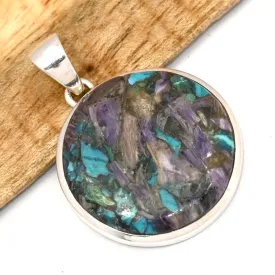 Pendentif rond en Charoite sur Chrysocolle argent 925 - Bijoux en Charoite sur Chrysocolle