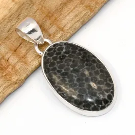 Petit Pendentif ovale Corail noir Stingray – argent 925 - Bijoux en Corail Noir