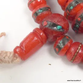 Mala tibétain porte-bonheur en os rouge et pierres – 108 perles