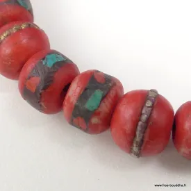 Bracelet porte-bonheur rouge en os et pierres – 27 perles – Népal