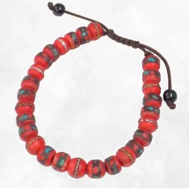 Bracelet porte-bonheur rouge en os et pierres – 27 perles – Népal