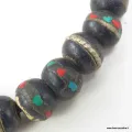 Bracelet porte-bonheur noir en os et pierres – 27 perles – Népal
