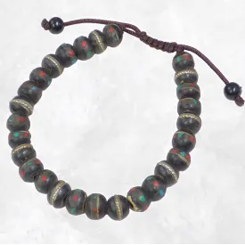 Bracelet porte-bonheur noir en os et pierres – 27 perles – Népal