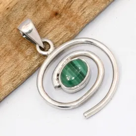 Pendentif malachite naturelle et phases de la lune – argent 925