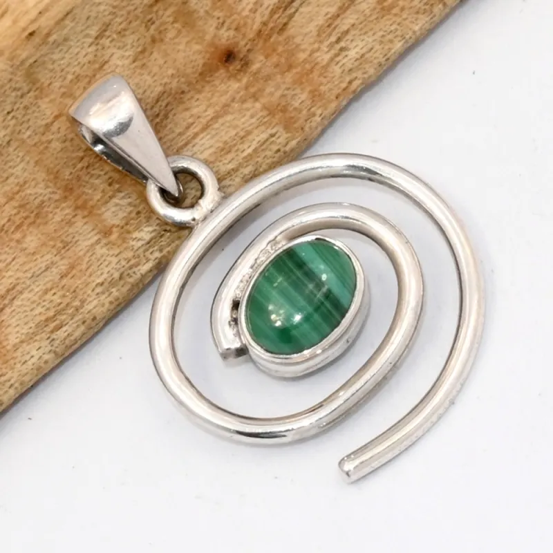 Pendentif malachite naturelle et phases de la lune – argent 925