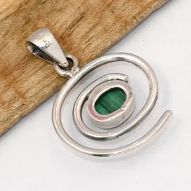 Pendentif malachite naturelle et phases de la lune – argent 925