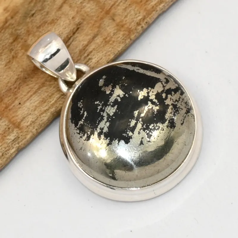 Pendentif rond pyrite sur magnétite porte-bonheur – argent 925