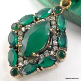 Pendentif oriental émeraude de synthèse losange – Argent et laiton