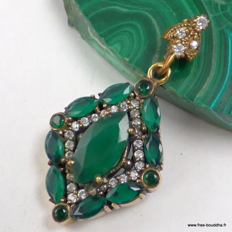 Pendentif oriental émeraude de synthèse losange – Argent et laiton