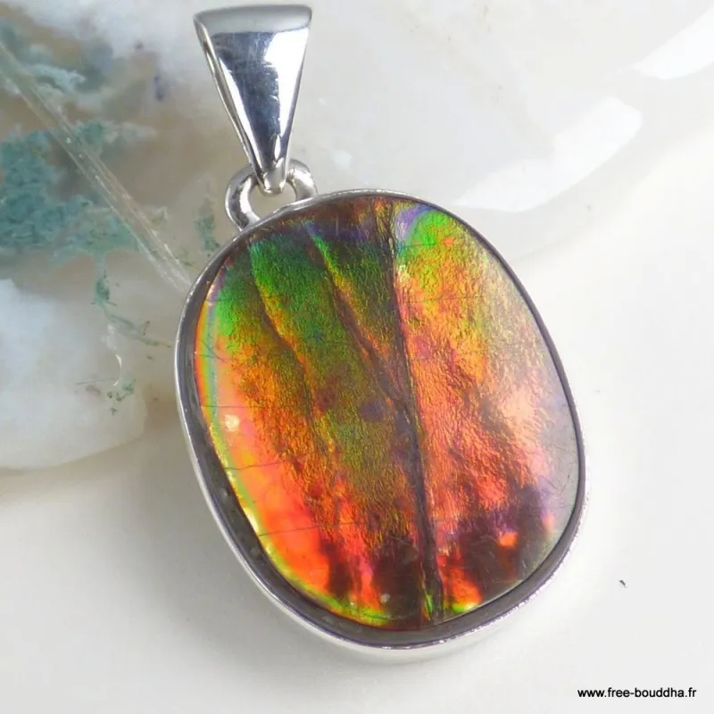 Pendentif Ammolite Authentique rouge feu - Argent 925 - Pendentifs pierres naturelles