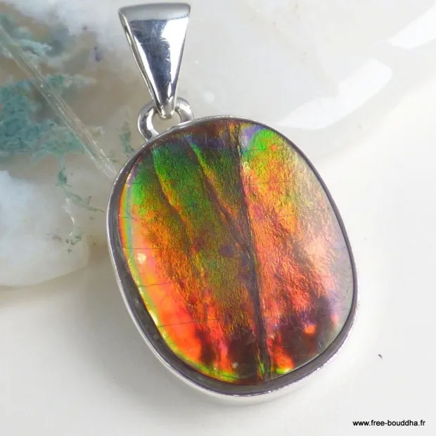 Pendentif Ammolite Authentique rouge feu - Argent 925 - Pendentifs pierres naturelles