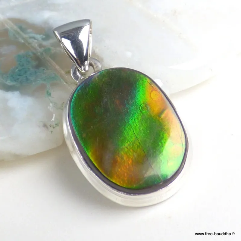 Pendentif Ammolite fondu de vert orange - Authentique - Pendentifs pierres naturelles