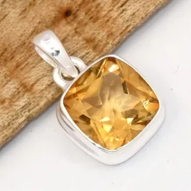 Pendentif Citrine mandarine carrée - argent 925 - Bijoux en Citrine